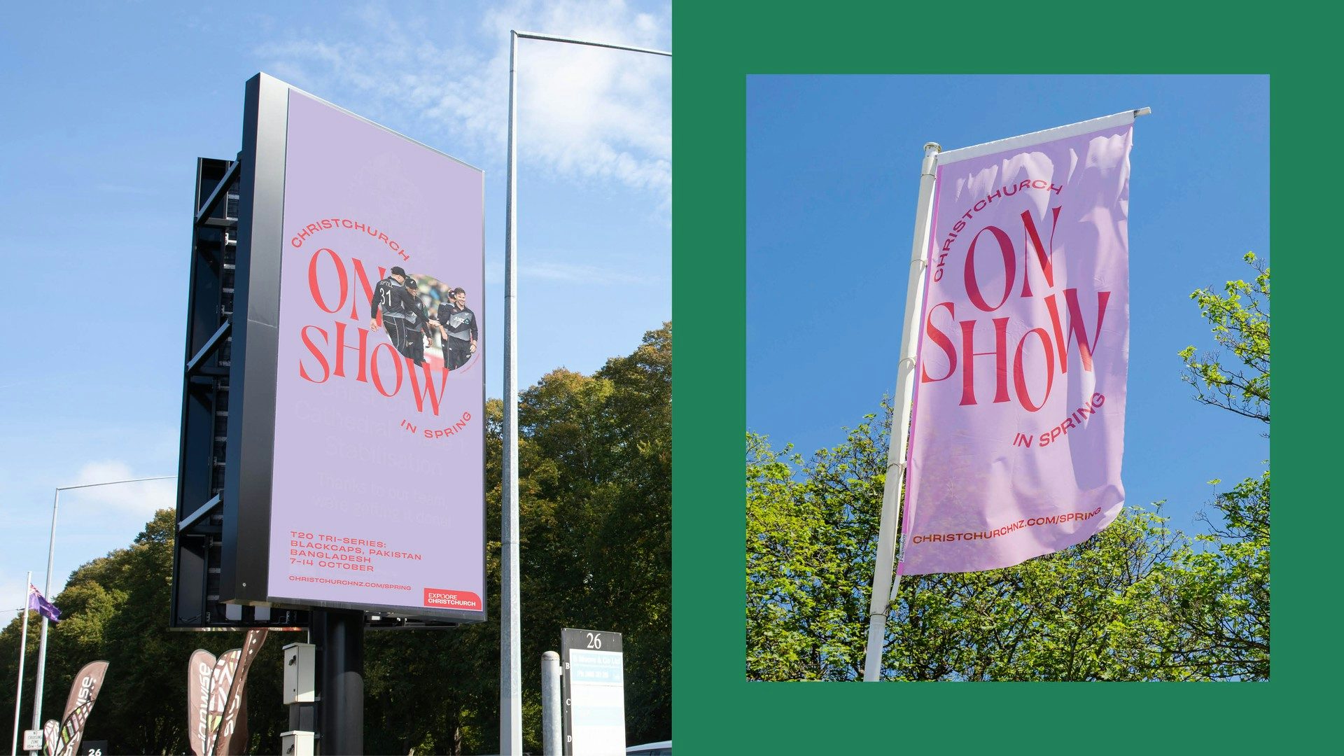 Christchurch OnShow billboard and flag